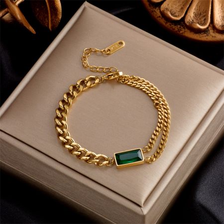 Picture of "Retro Cube" Gold Chain Bracelet with Green Stone