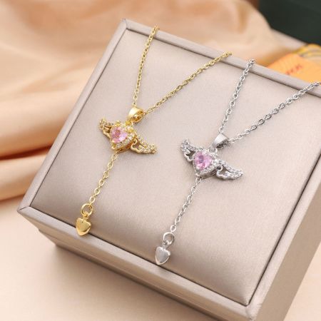 Picture of "Moving Cupid" Heart Angel Wings Necklace with Crystal